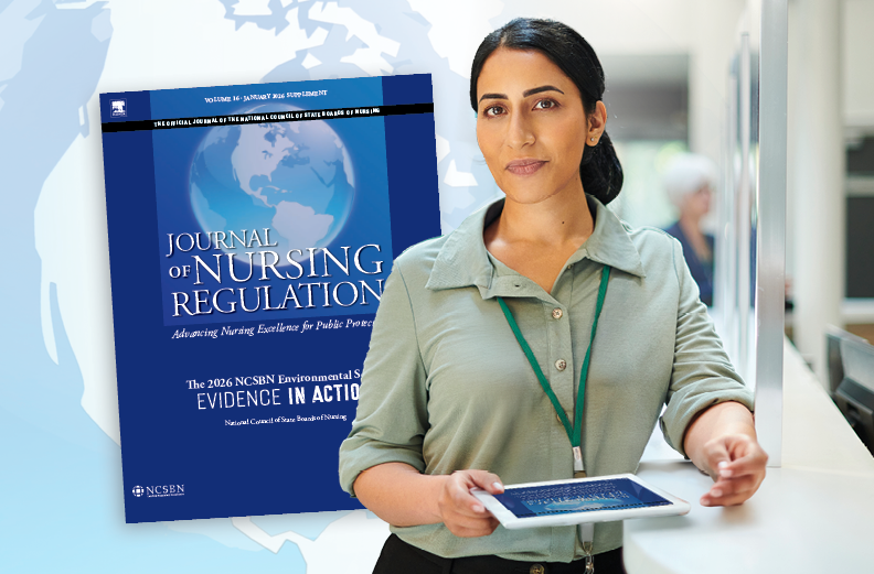 Woman in a green shirt holding a tablet, standing in a modern office with a world map graphic in the background.