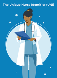 cartoon of a nurse holding a clipboard on a blue background and test that reads The Unique Nurse Identifier (UNI)